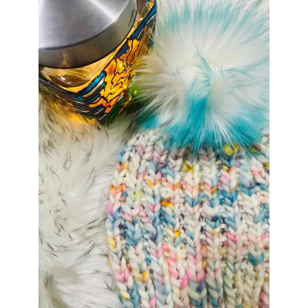 Hand Knit Merino Wool Beanie: DefiKnitly Tasteful Knit Hat with Faux Fur Pom